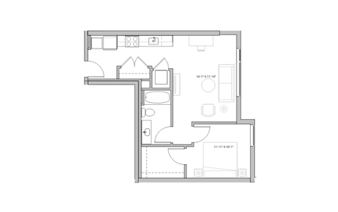 Floor plan for 1 bed, 1 bath, 662 sqft